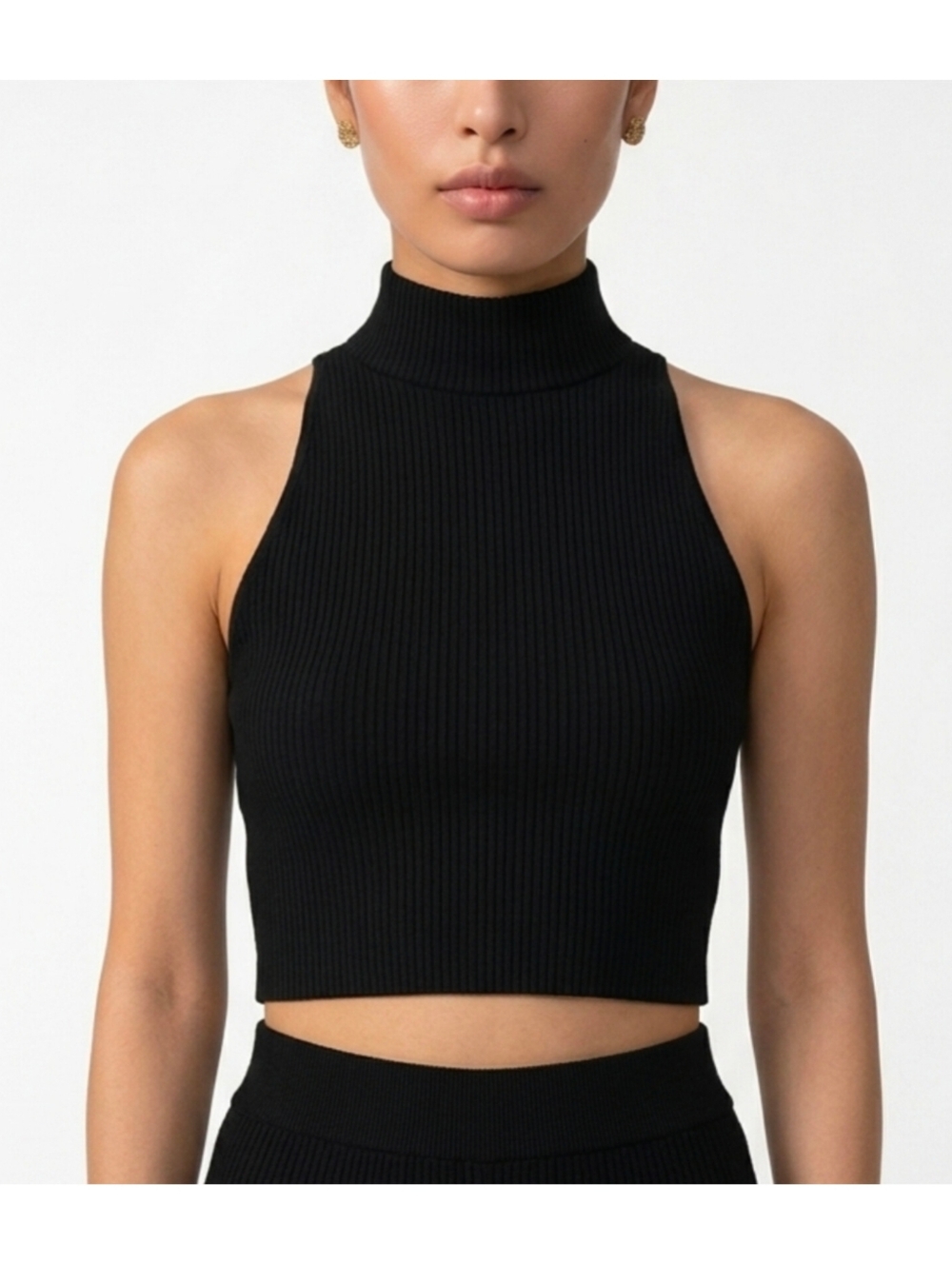 Sleeveless Ribbed Mock Neck Crop Top - Black